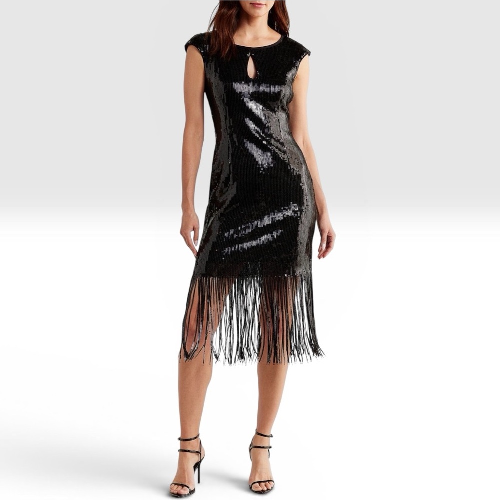 Connected Apparel Kyhle Sequin Fringe Hem Black Cocktail Dress